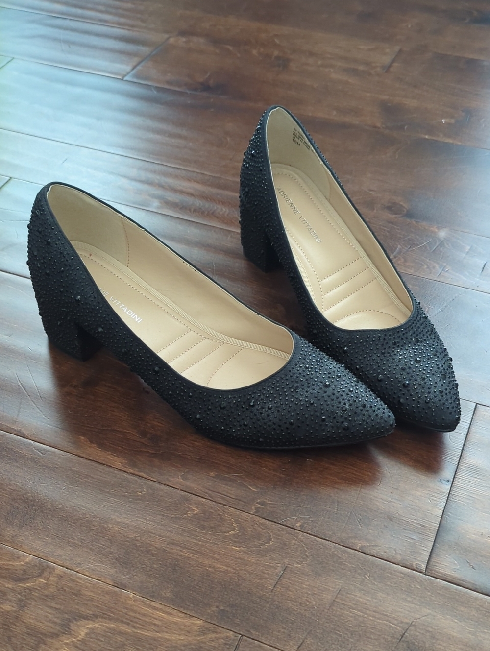 Adrienne Vittadini Black Embellished Block Heel Pumps Size 10